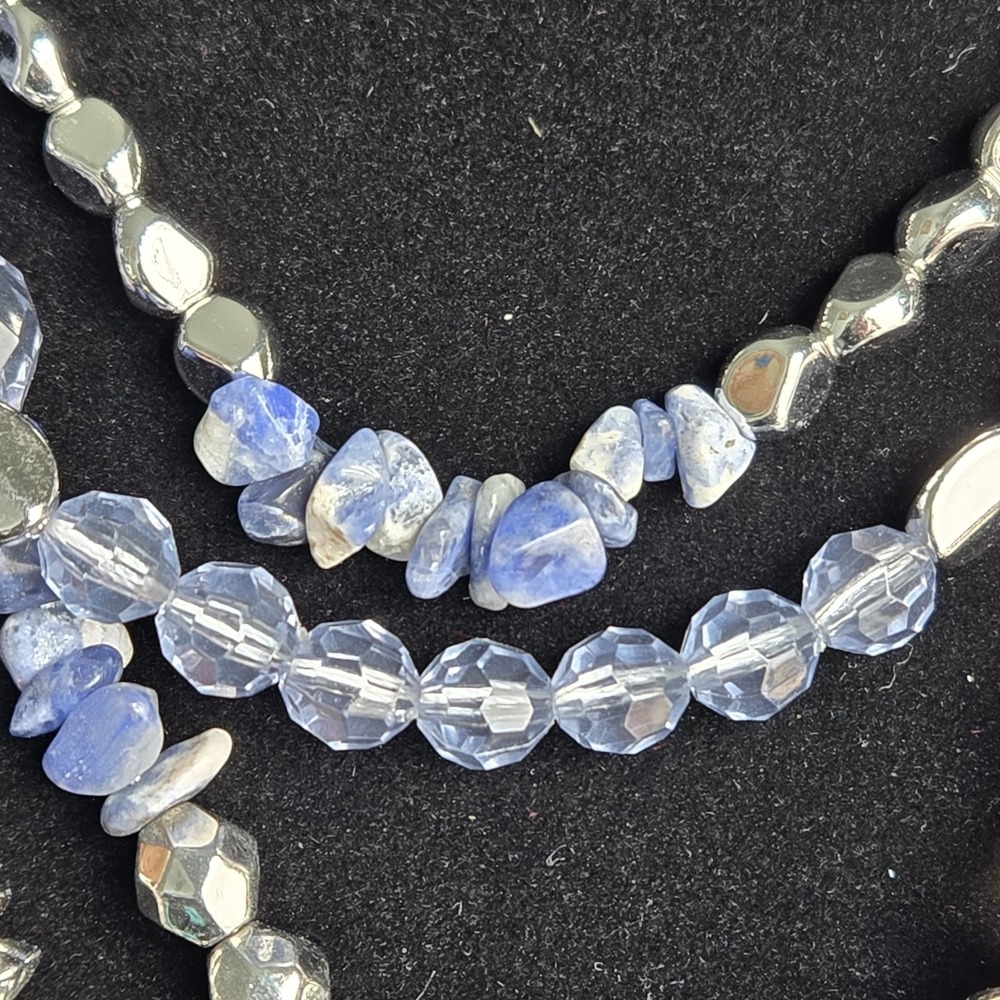 Layered Blue Silver-tone Clear Pale Peach Beaded Chunky Boho Adjustable Necklace - Picture 4 of 12